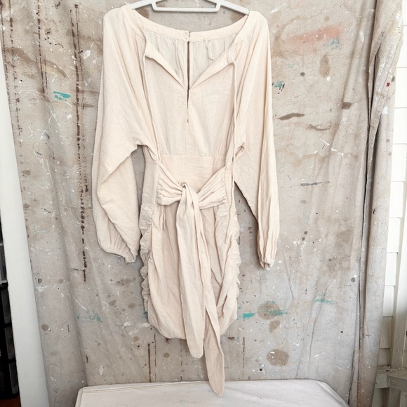 Free People Cream Gauzy Boho Peasant Ruched Buttoned Mini Dress - Picture 2 of 5